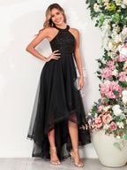 Halter Sequins Mesh Irregular Hem Formal Dress Maxi Dresses