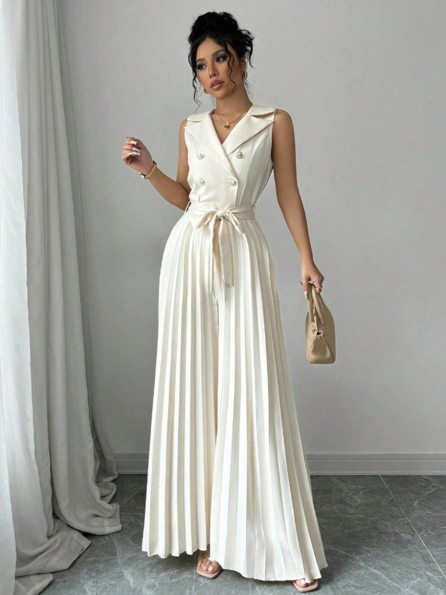 Commuting Suit Collar Pleated Pants Double-breasted Jumpsuits