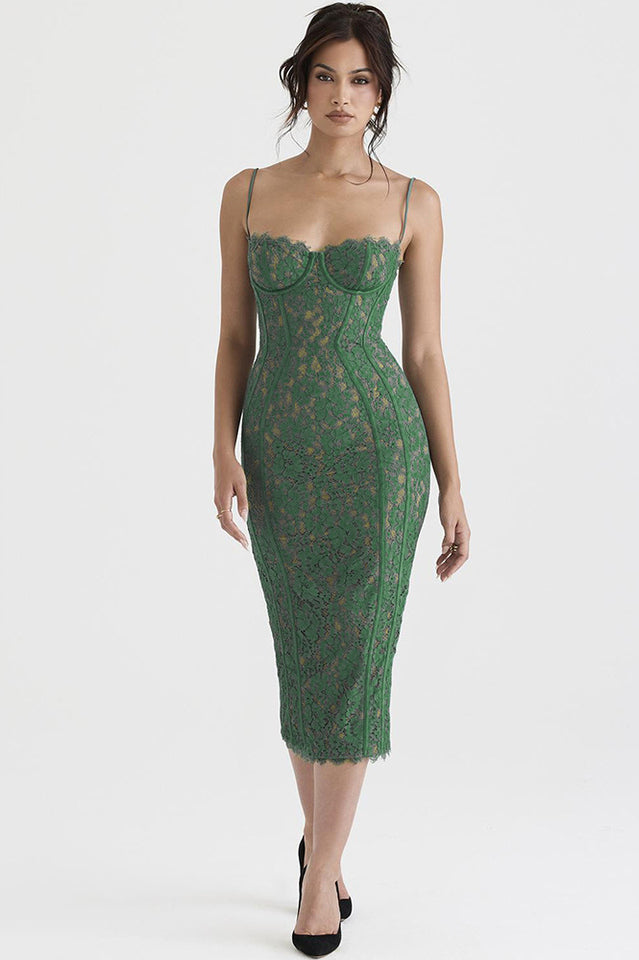 Floral Lace Underwire Corset Spaghetti Strap Paneled Seam Midi Dress