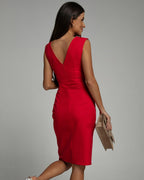 Deep V-Neck Pleated Shoulder Wrap High Split Midi Dress