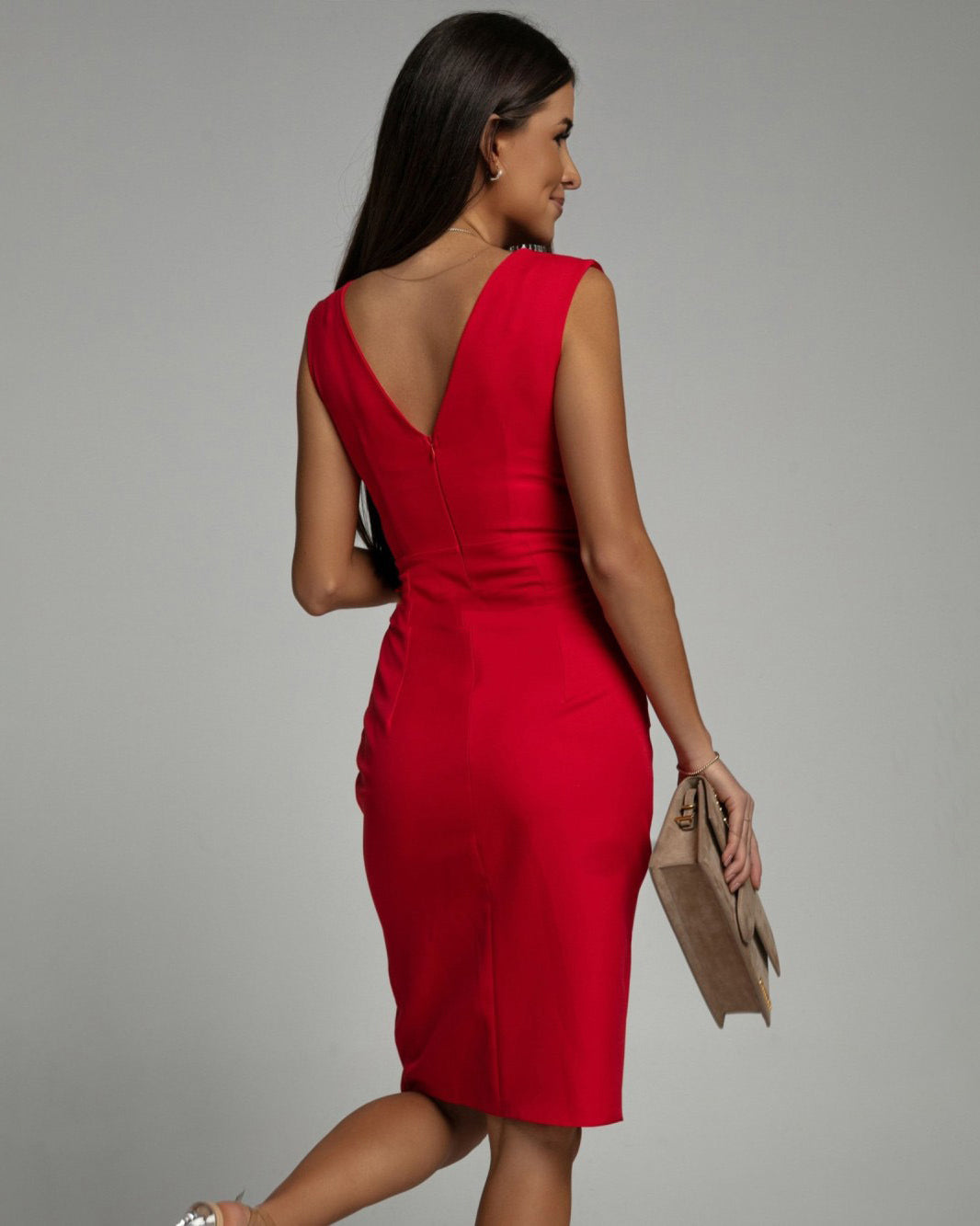Deep V-Neck Pleated Shoulder Wrap High Split Midi Dress
