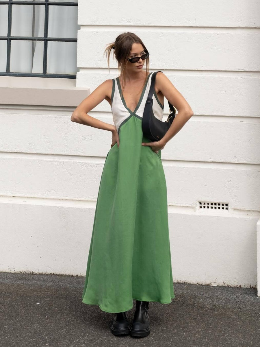 V-neck Sleeveless Color-blocked Maxi Dress