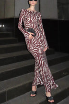 Boat Neck Bell Sleeves Animal Print Maxi Dress
