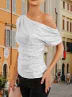 Off-shoulder Sequin Solid Color T-shirts