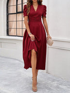 Pleated Waist Short Sleeve Maxi Dresses