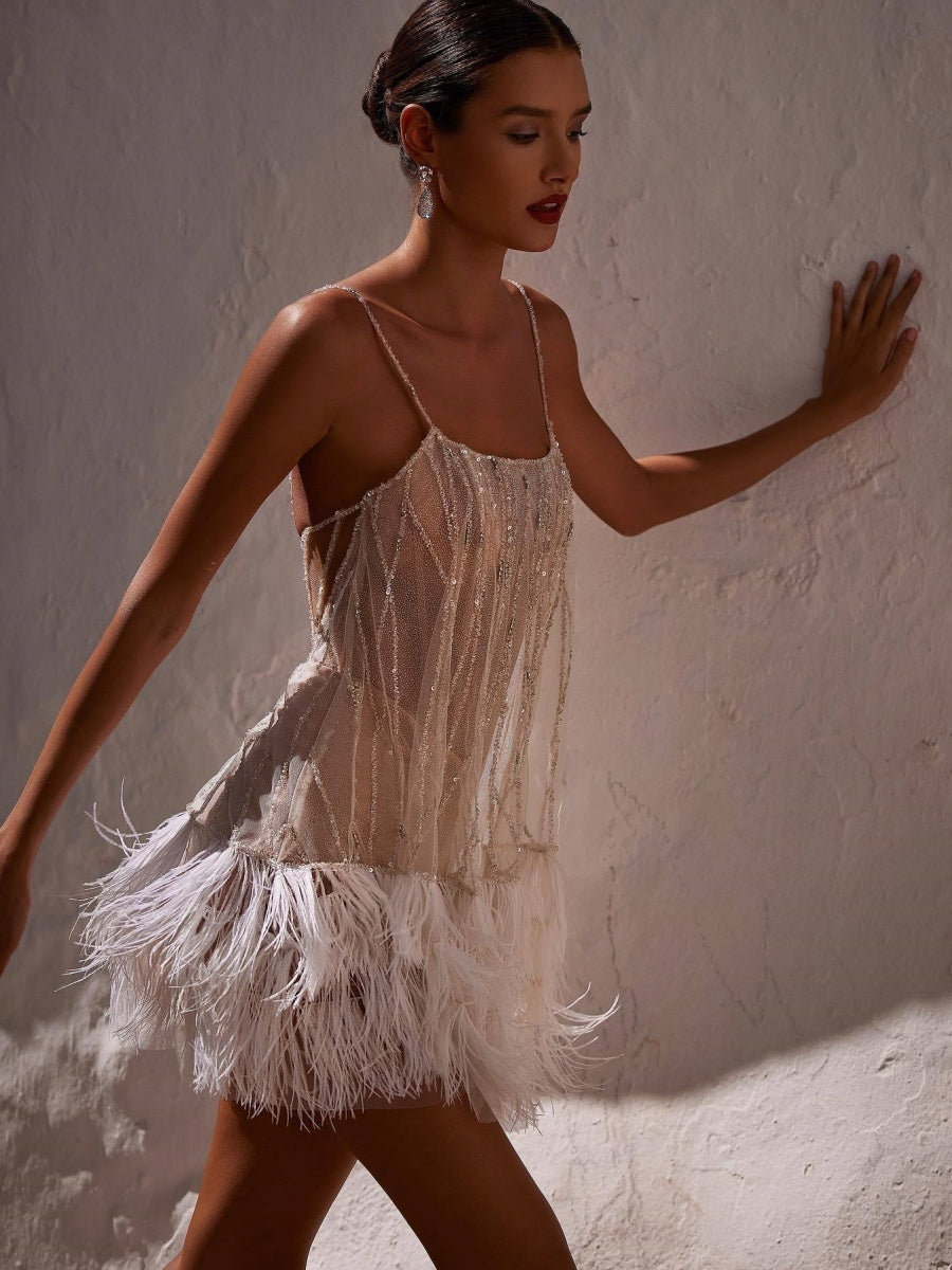 Feather Tassel Sequins Mesh Diamond Parties Mini&Short Dresses