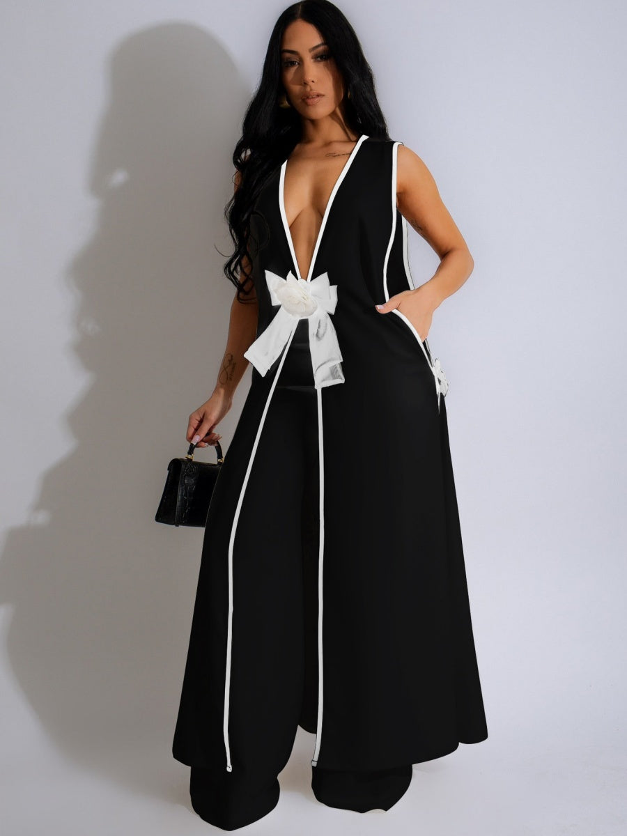 Sleeveless Butterfly Festival Long Vest Dress Wide-leg Pants Set 2-piece Sets