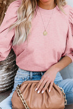 Crewneck Rhinestone Bubble Half Sleeves Pullover Top