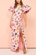Flounce Sleeves Drawstring Slit Printed Maxi Dress