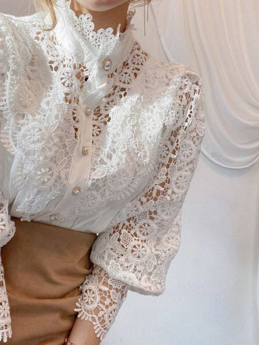 Button-up Lace Openwork Floral Patchwork Shirt