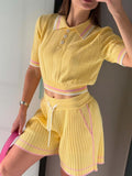Academic Style Lapel Ice Silk Short Cardigan Color-blocked Drawstring Shorts Set 2-piece Sets