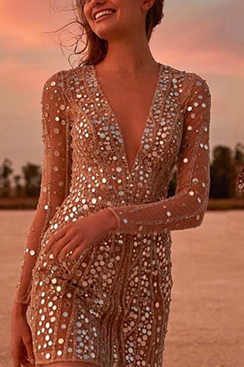 Deep V Neck Mesh Sleeve Mini Sequin Club Dress