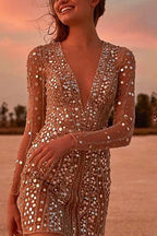 Deep V Neck Mesh Sleeve Mini Sequin Club Dress
