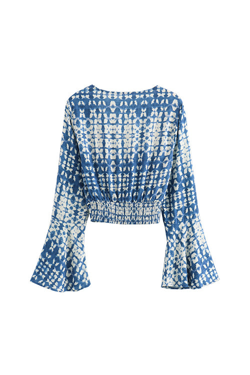 V Neck Bell Sleeves Twist Front Printed Crop Top