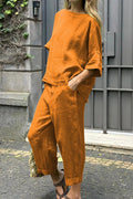 Cotton Linen Half Sleeves Pullover Top Wide Leg Tapered Pants Set