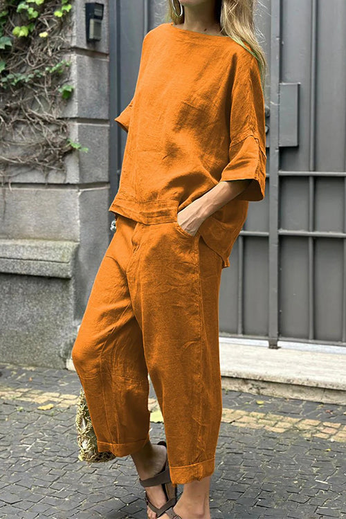 Cotton Linen Half Sleeves Pullover Top Wide Leg Tapered Pants Set
