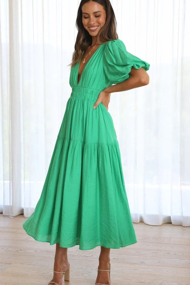 Deep V-Neck Smocked Waist Puff Sleeve Tiered Midi Dress