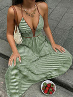 Stripes Color-blocked Splicing V-neck Hollow Maxi Dresses