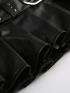 PU Leather Riveted And Stitched Belt With Slits And Pleats Skirts