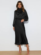Satin Long Sleeve Zipper Solid Color Maxi Dresses