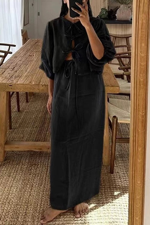 Puff Long Sleeves Lace-up Shirt Drawstring Waist Maxi Skirt Set