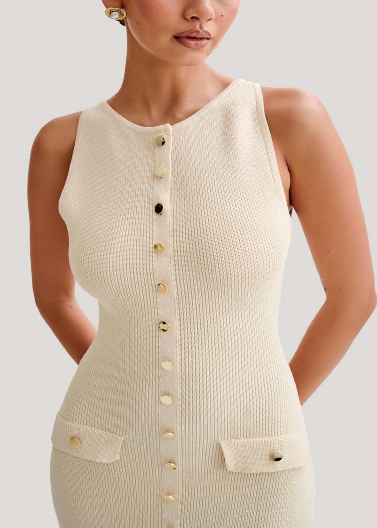 Ribbed Knit Contrast Trim Button Front Pocket Flap Sleeveless Midi Dress