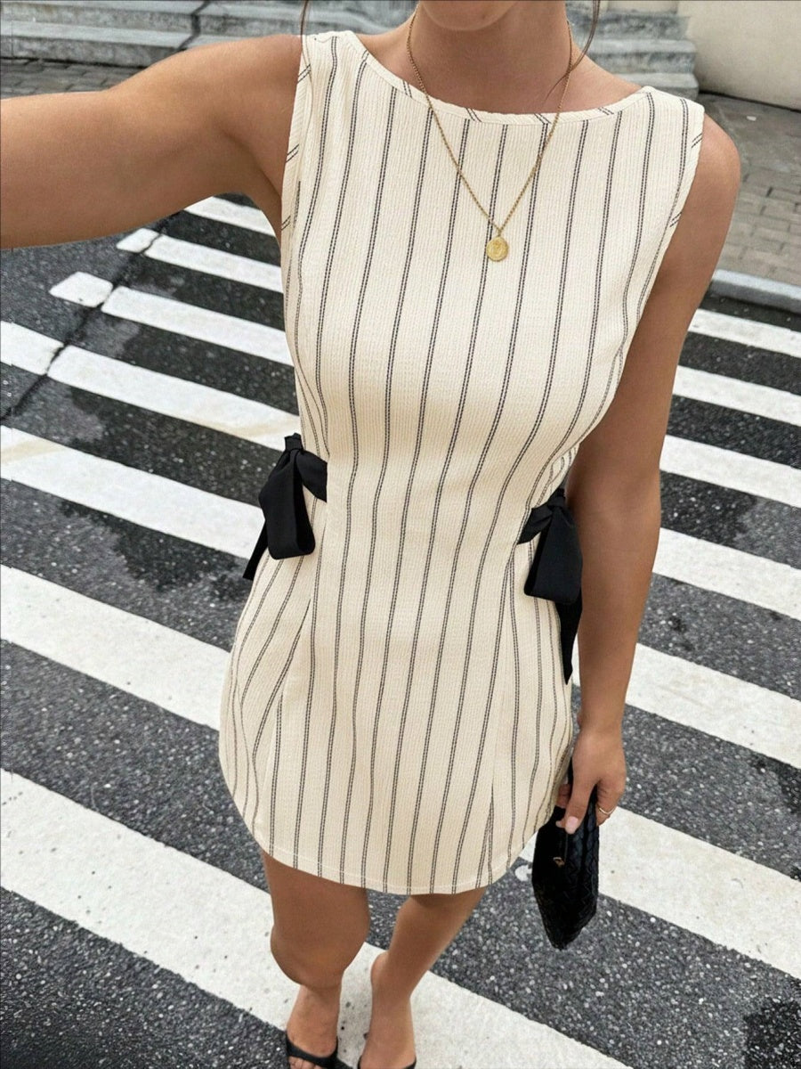 Stripes Sleeveless Reversible Bow Mini&Short Dresses