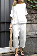 Half Sleeves Casual Pullover Top Wide Leg Pants Set