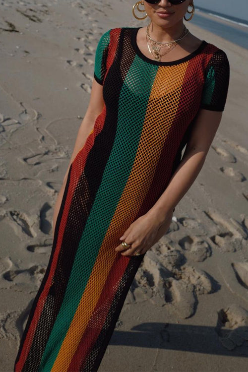 Side Slit Hollow Out Fishnet Striped Midi Dress