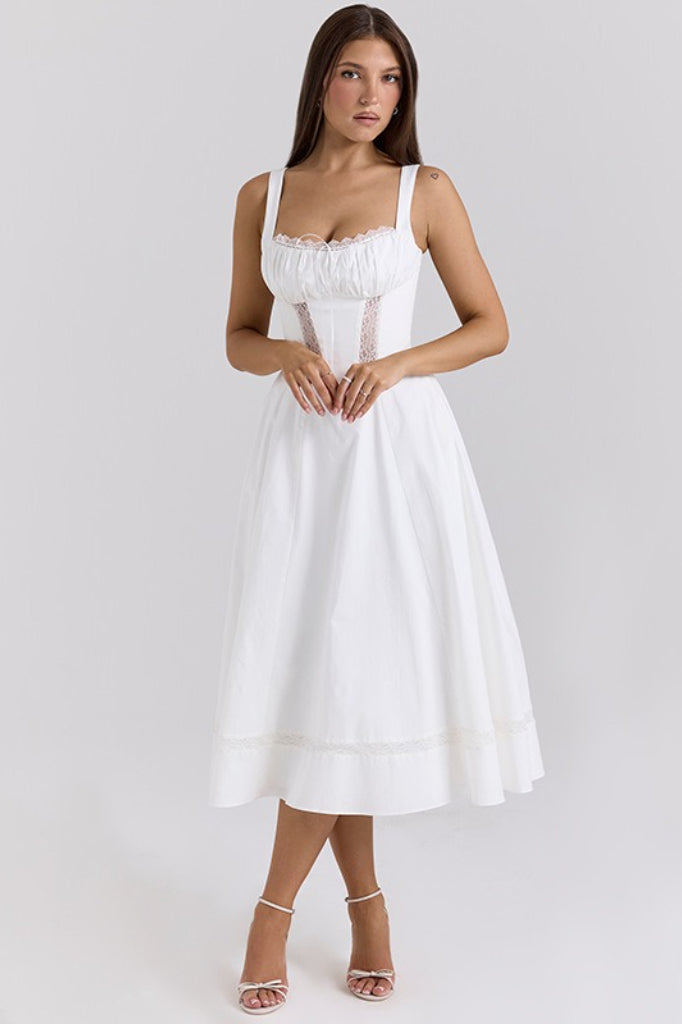 Lace Trim Corset Bodice Wide Strap Fit and Flare Midi Dress