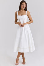 Lace Trim Corset Bodice Wide Strap Fit and Flare Midi Dress