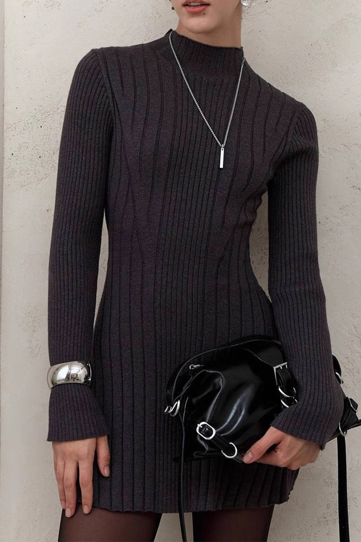 Mock Neck Ribbed Knit Long Sleeve A-Line Mini Dress