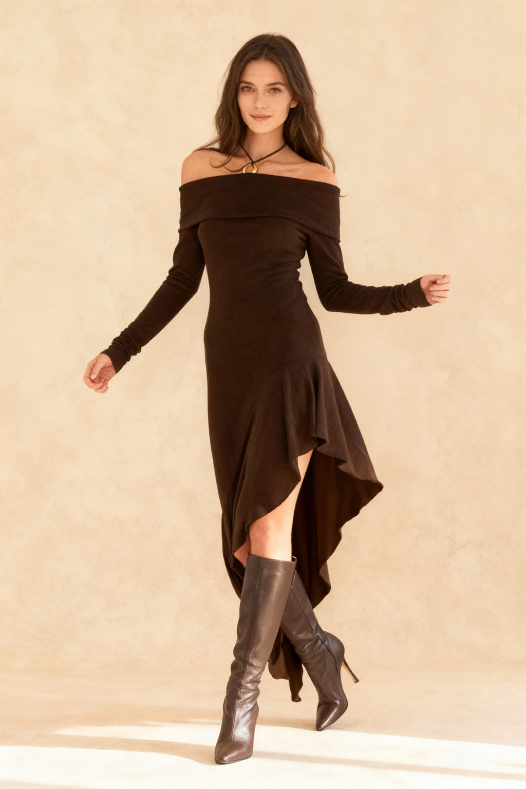 Off Shoulder Long Sleeve Asymmetric Ruffle Hem Knit Midi Dress