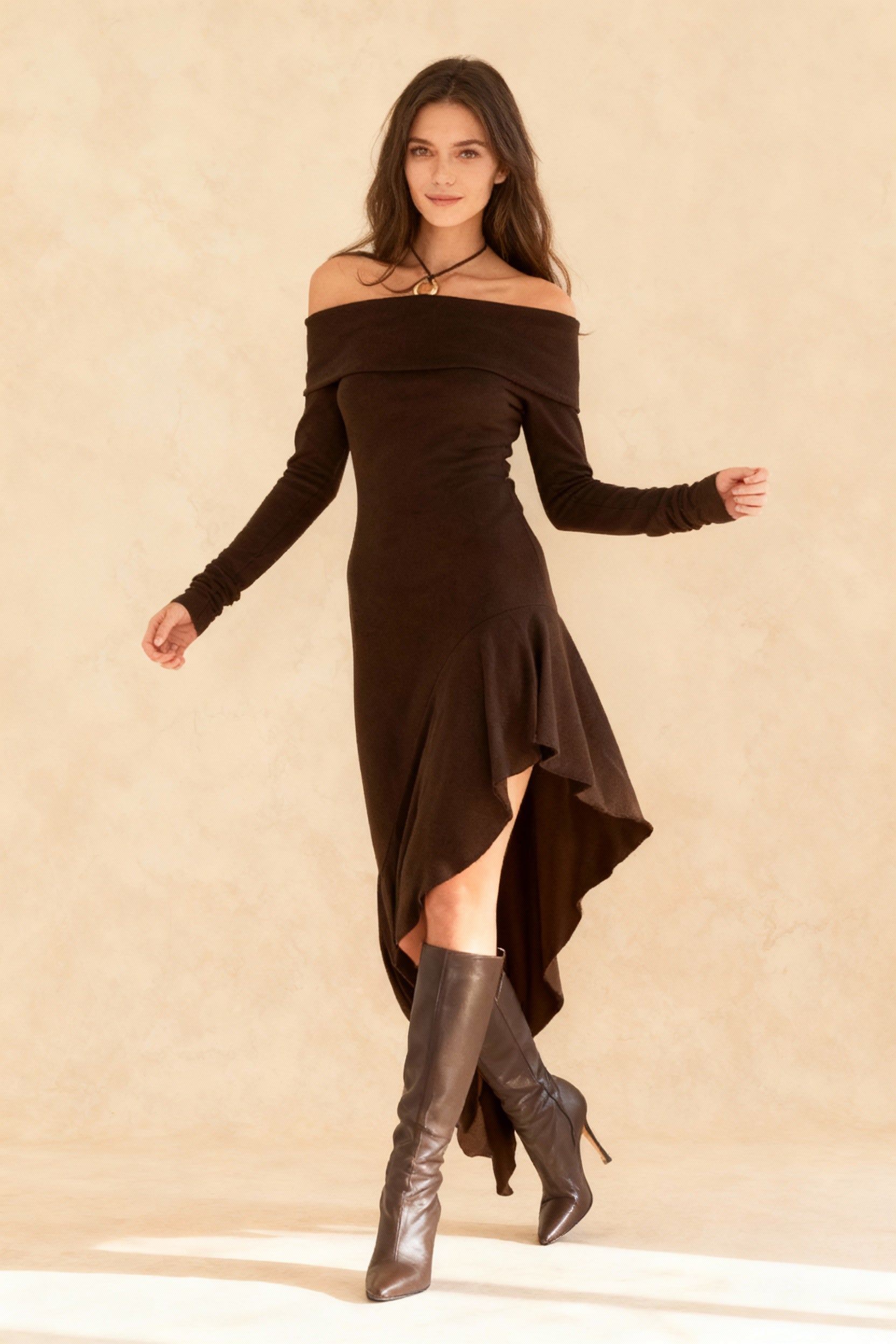 Off Shoulder Long Sleeve Asymmetric Ruffle Hem Knit Midi Dress
