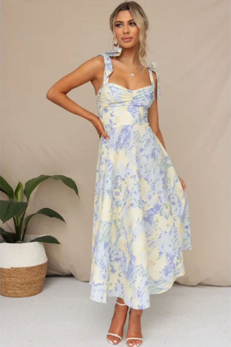 Floral Tie Strap Sweetheart Waist A-Line Summer Midi Dress