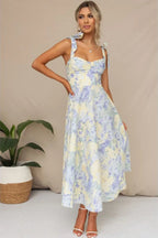 Floral Tie Strap Sweetheart Waist A-Line Summer Midi Dress