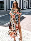 Deep V Neck Tropical Floral Maxi Dress for Women - Multi Print Split Hem Boho Dress - Summer Beach Vacation 2026
