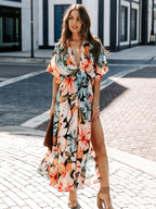 Deep V Neck Tropical Floral Maxi Dress for Women - Multi Print Split Hem Boho Dress - Summer Beach Vacation 2026