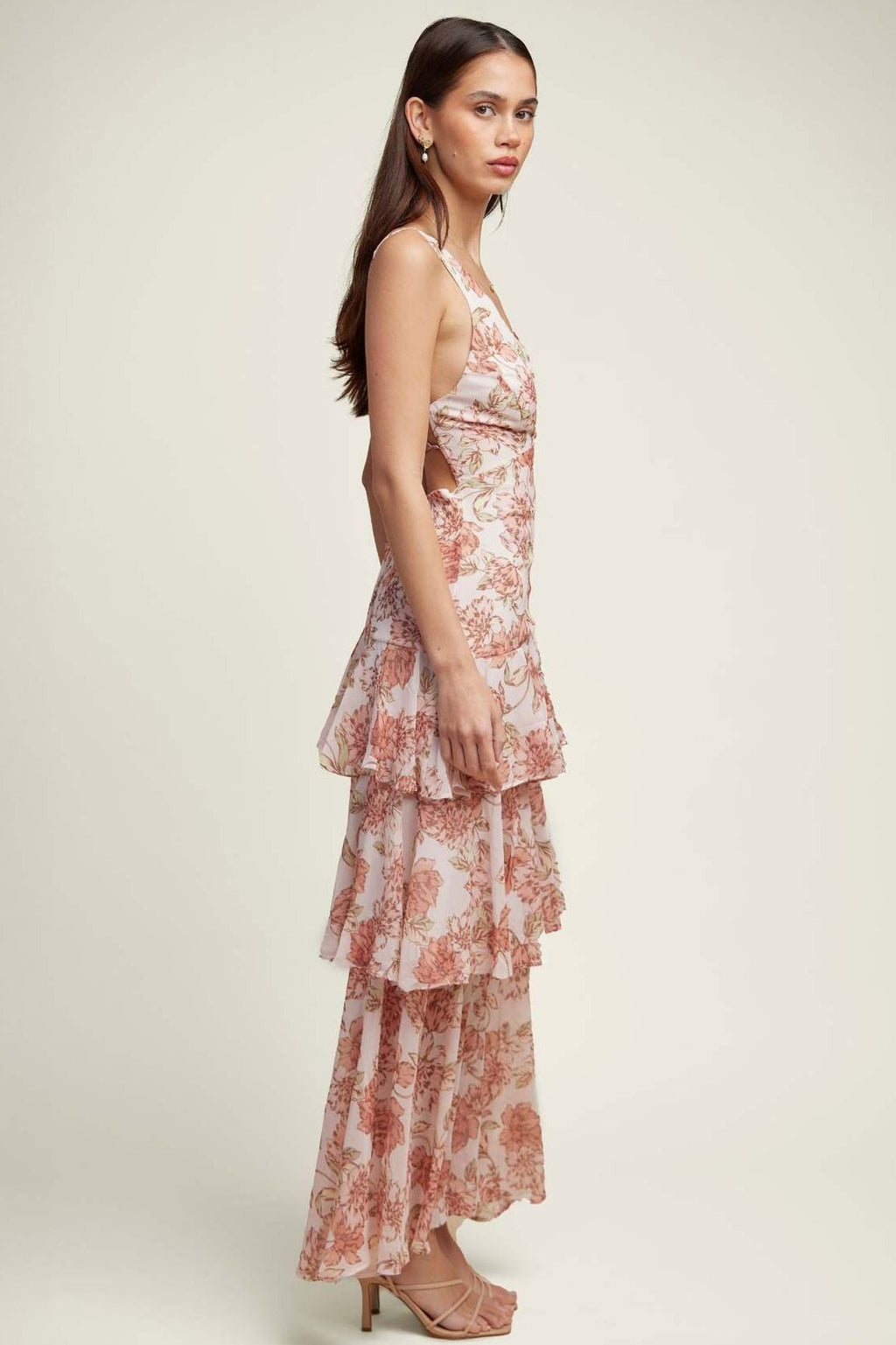 Deep V Neck Tiered Ruffle Watercolor Floral Print Maxi Dress