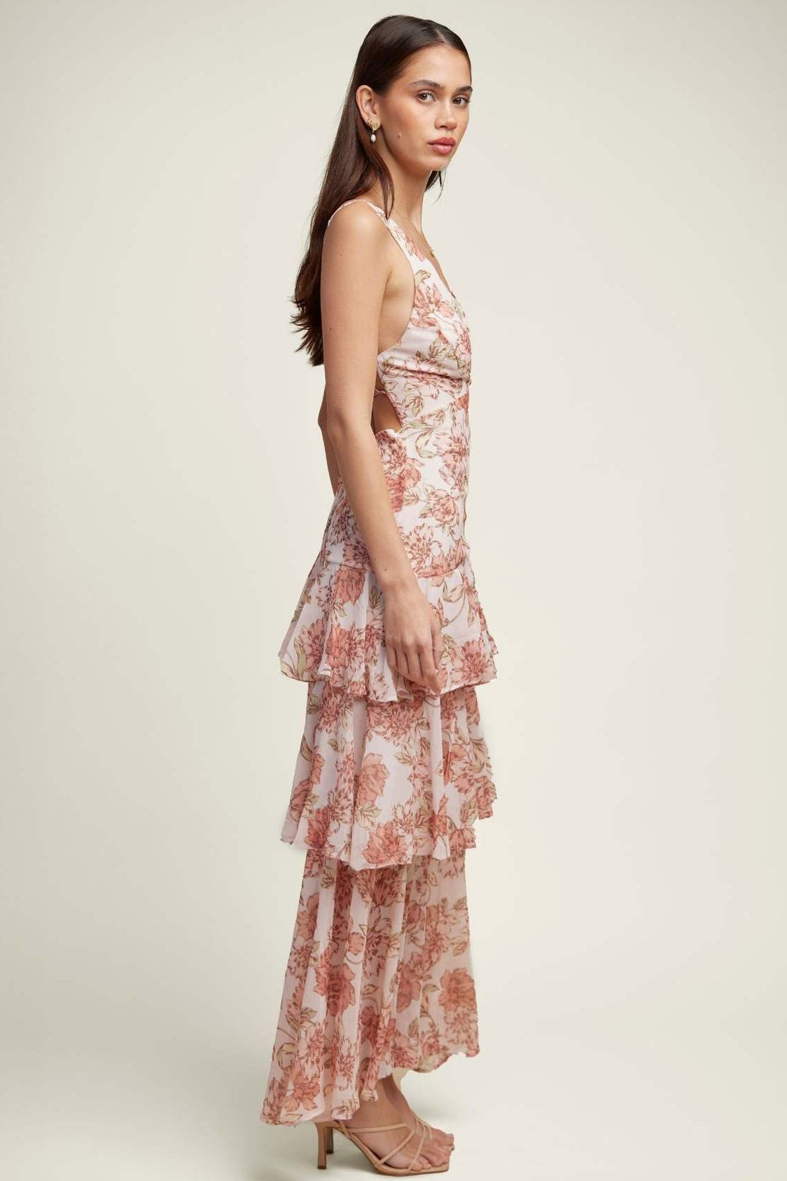 Deep V Neck Tiered Ruffle Watercolor Floral Print Maxi Dress
