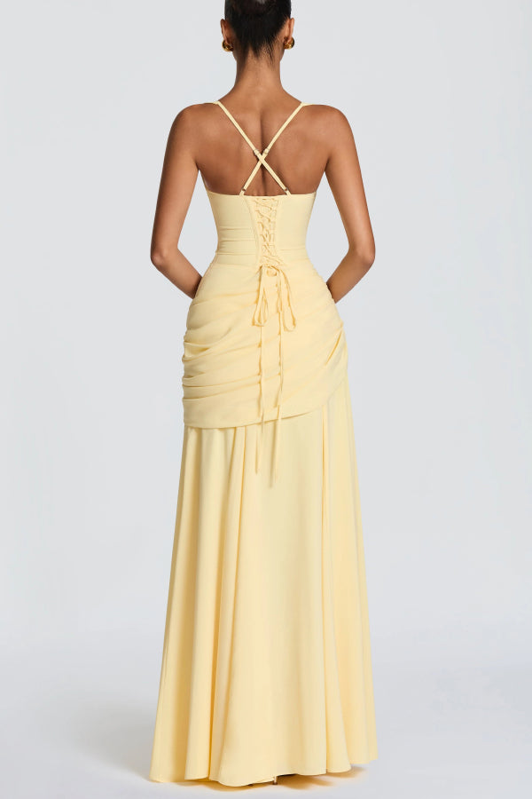 Stylish Spaghetti Strap Square Neck Slim-fit Elegant Pleated Maxi Dress