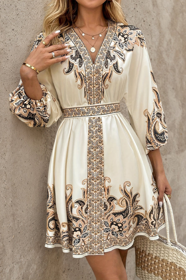 Unique Printed V-neck Lantern Sleeve Waist Tie Mini Dress