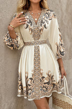 Unique Printed V-neck Lantern Sleeve Waist Tie Mini Dress