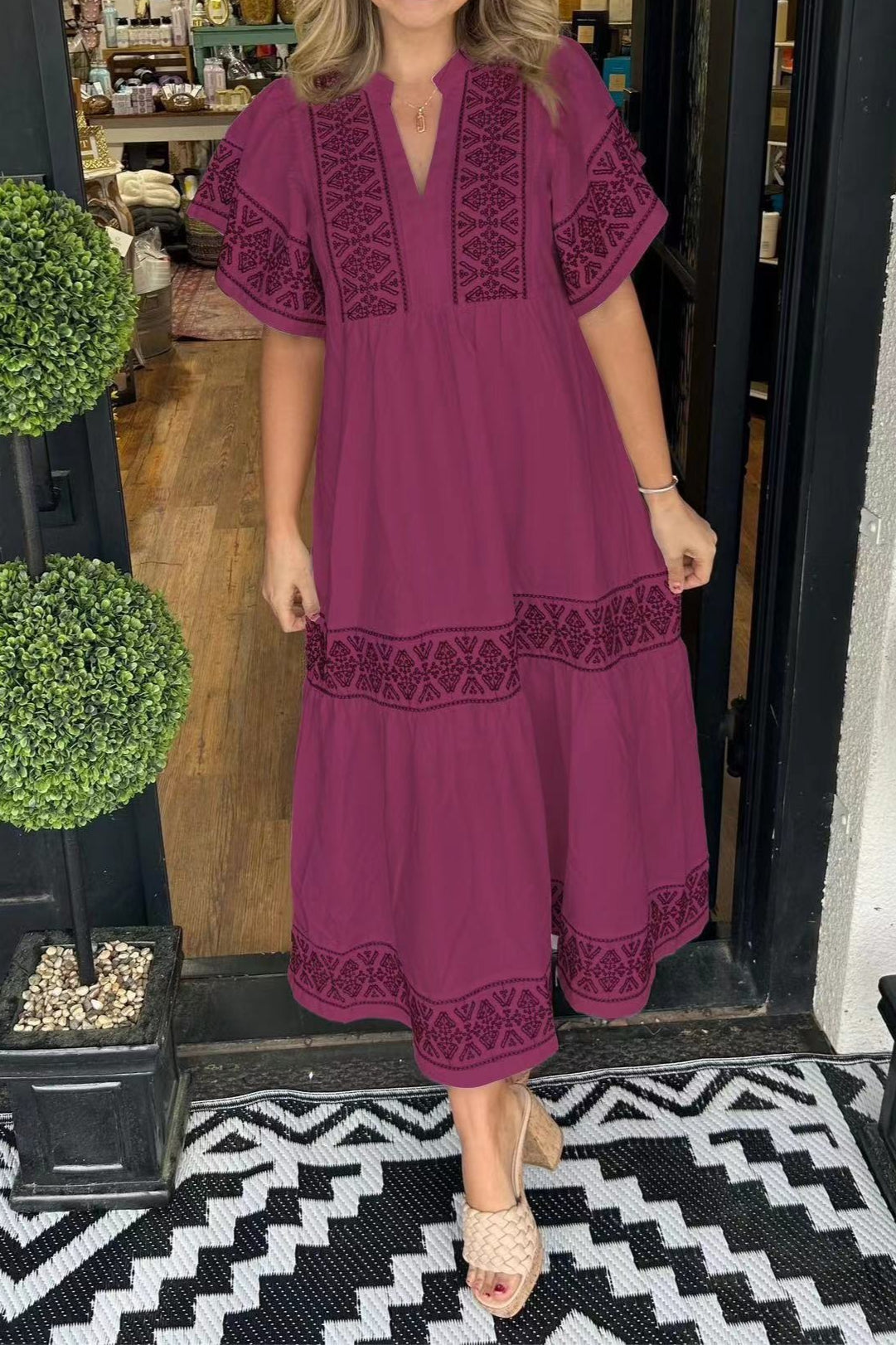 V Neck Short Sleeve Geometric Embroidery Tiered Midi Dress
