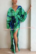 Tropical Oasis Capri Print Kimono Sleeve Pleated Cocoon Maxi Dress