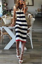 Striped V-Neck Cap Sleeve Side Slit Midi Dress