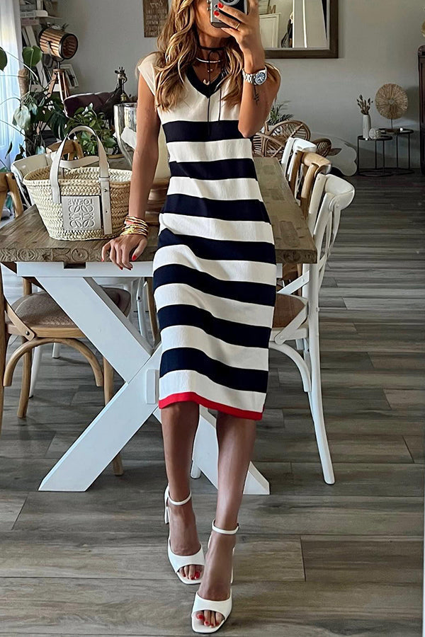 Striped V-Neck Cap Sleeve Side Slit Midi Dress