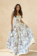 Strapless Corset Basque Waist Floral Print Ball Gown