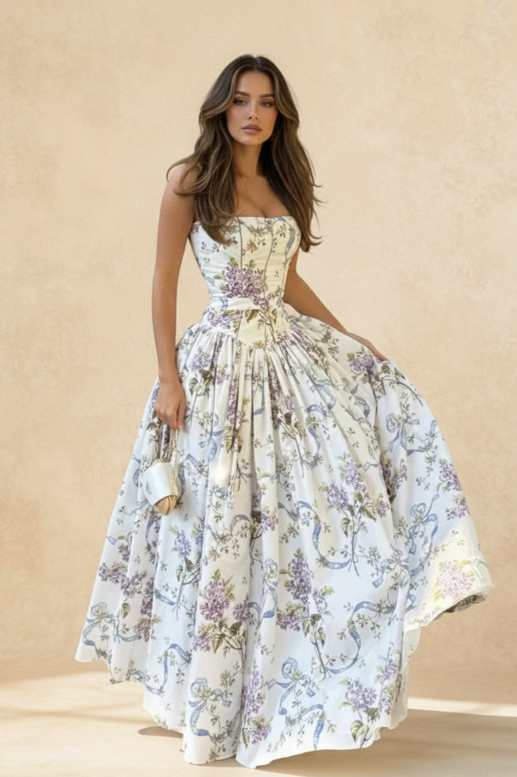 Strapless Corset Basque Waist Floral Print Ball Gown