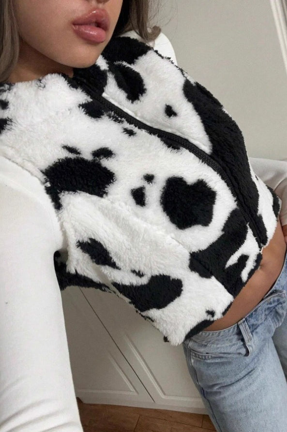 Cow Print Zipper Fuzzy Sleeveless Vest